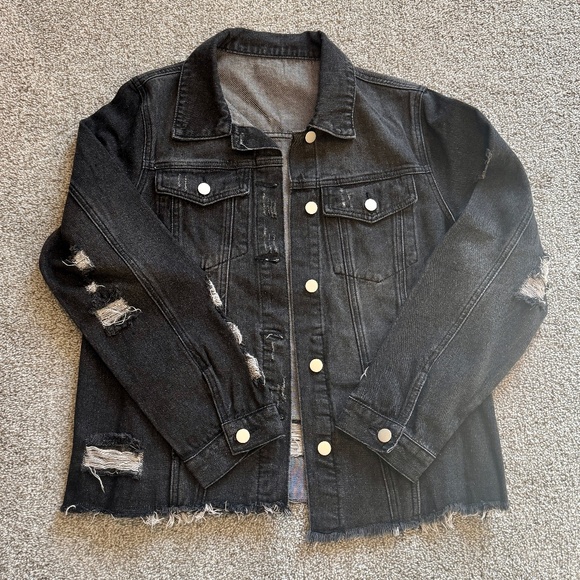 Black denim jean jacket, M, NWOT, Distressed - Picture 1 of 11